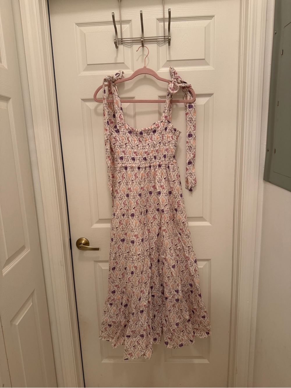 Kivari Cream Midi Dress with Purple Floral Print and Tie Straps